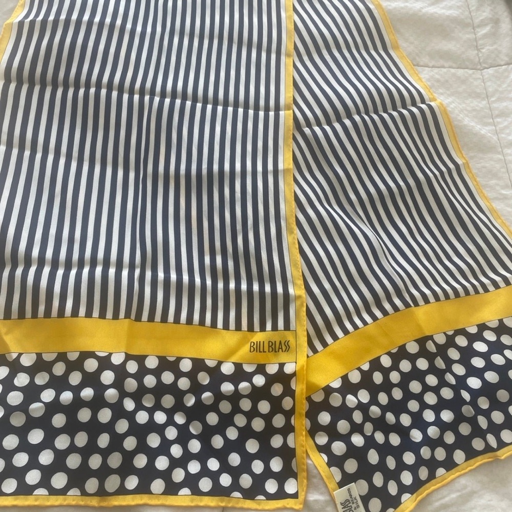 Vintage BILL BLASS Blue & Yellow Striped and Polka Dot Silk Scarf - Picture 3 of 12